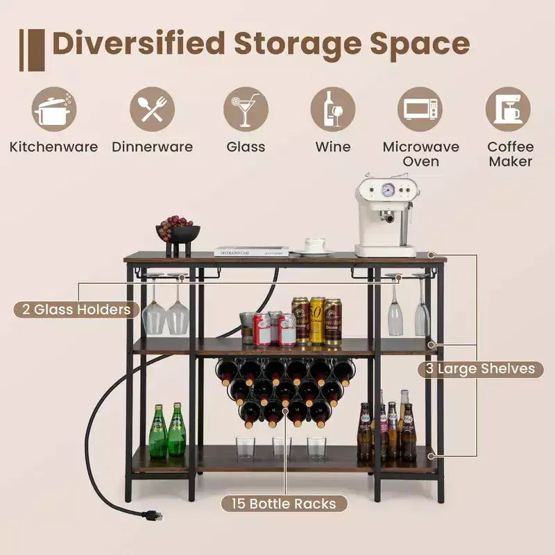 Costway Meuble Bar à Vin Étagère de Rangement pour Boissons Verres avec Prises Électriques Marron/Gris