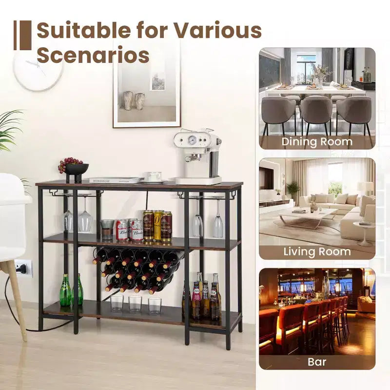 Costway Meuble Bar à Vin Étagère de Rangement pour Boissons Verres avec Prises Électriques Marron/Gris