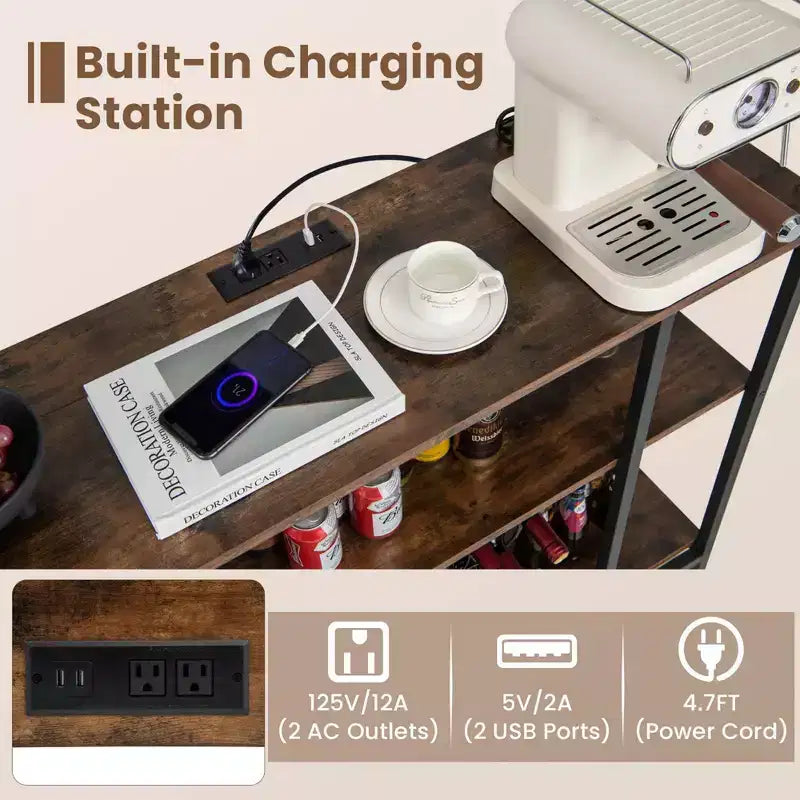 Costway Meuble Bar à Vin Étagère de Rangement pour Boissons Verres avec Prises Électriques Marron/Gris