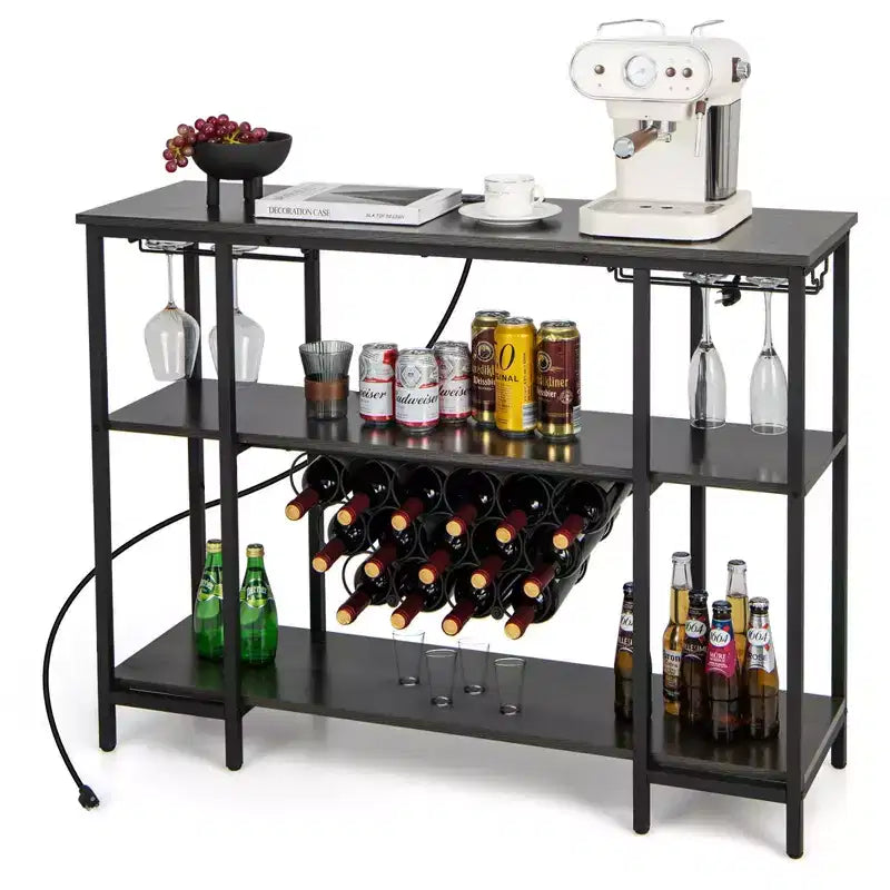 Costway Meuble Bar à Vin Étagère de Rangement pour Boissons Verres avec Prises Électriques Marron/Gris