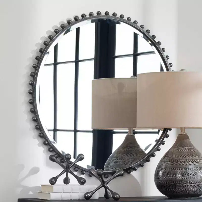 Miroir Mural Rond Industriel Uttermost, Biseauté, Cadre en Fer Glacé Noir et Gris Vieilli, 32 Pouces de Large, pour Salle de Bain et Chambre à Coucher