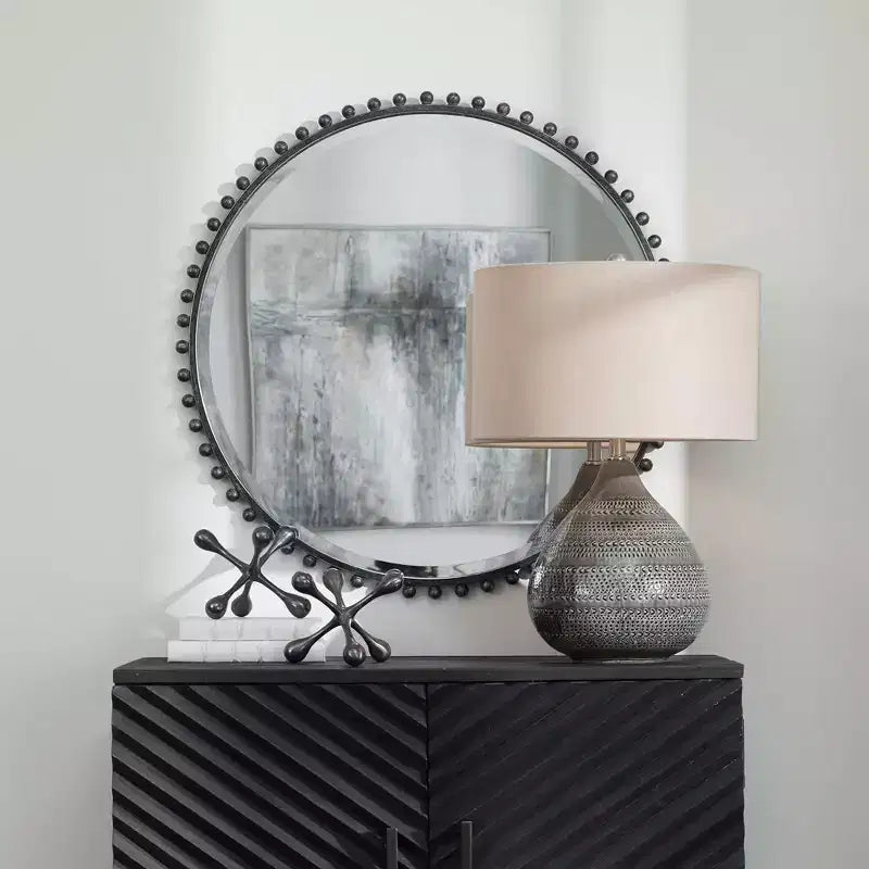 Miroir Mural Rond Industriel Uttermost, Biseauté, Cadre en Fer Glacé Noir et Gris Vieilli, 32 Pouces de Large, pour Salle de Bain et Chambre à Coucher