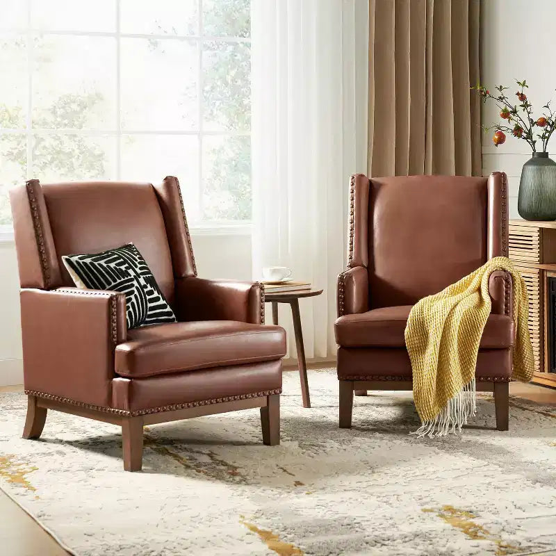 Fauteuil en cuir véritable Pedro avec cadre en bois massif et coussin d'assise amovible, lot de 2 | ART OF LIVING DESIGNS