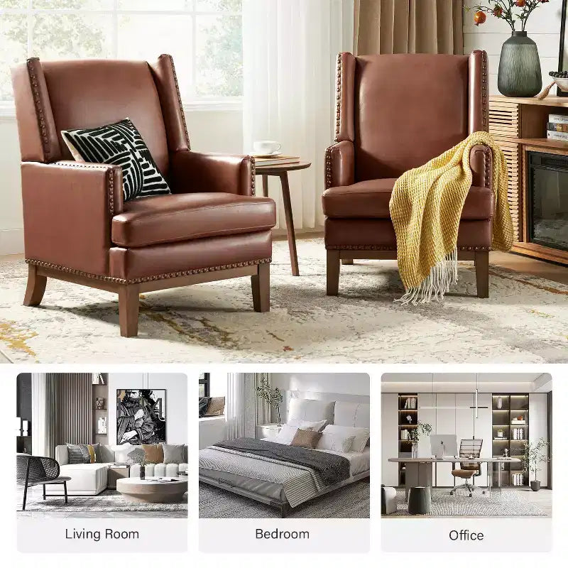 Fauteuil en cuir véritable Pedro avec cadre en bois massif et coussin d'assise amovible, lot de 2 | ART OF LIVING DESIGNS