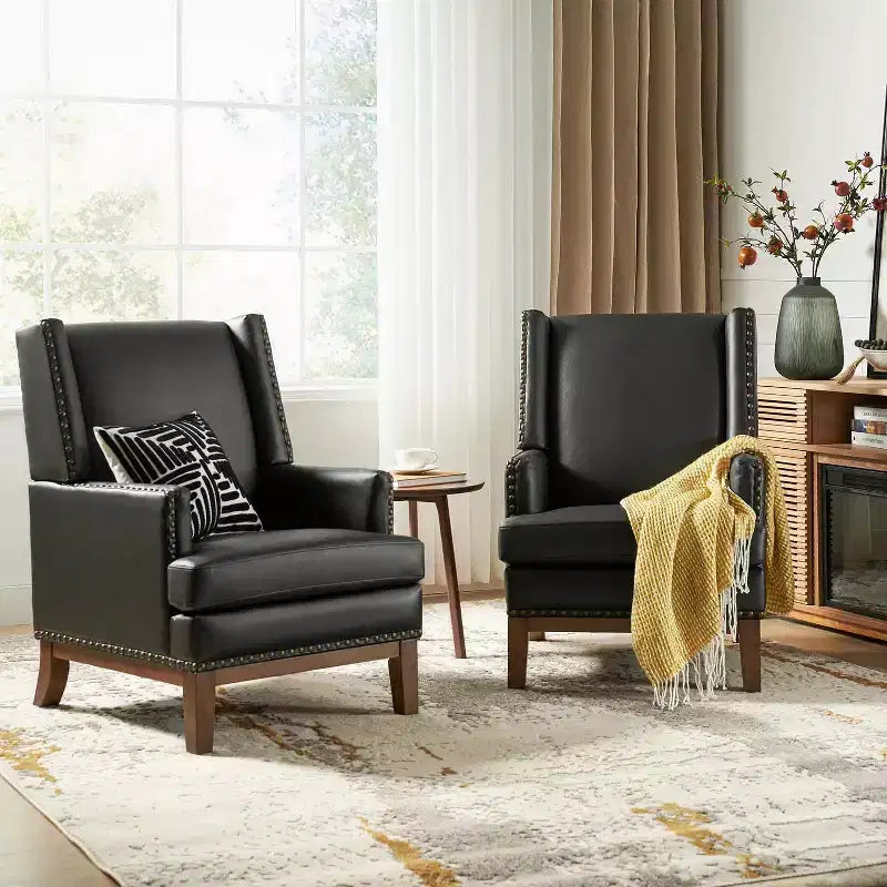 Fauteuil en cuir véritable Pedro avec cadre en bois massif et coussin d'assise amovible, lot de 2 | ART OF LIVING DESIGNS