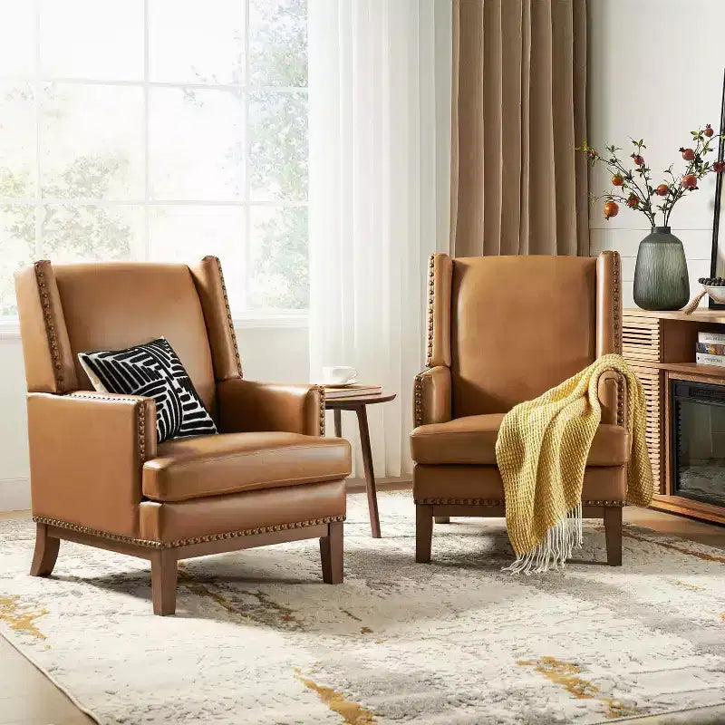 Fauteuil en cuir véritable Pedro avec cadre en bois massif et coussin d'assise amovible, lot de 2 | ART OF LIVING DESIGNS