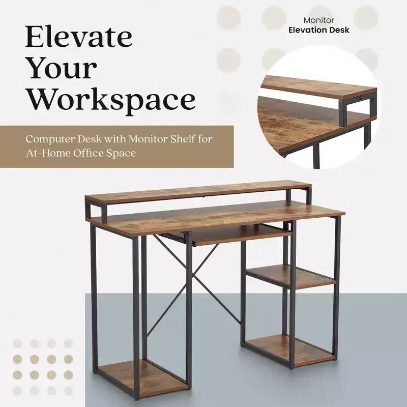 JOMEED Bureau informatique moderne de 118 cm avec support d'écran et étagères de rangement pour bureaux à domicile, chambres ou dortoirs d'étudiants, marron/noir