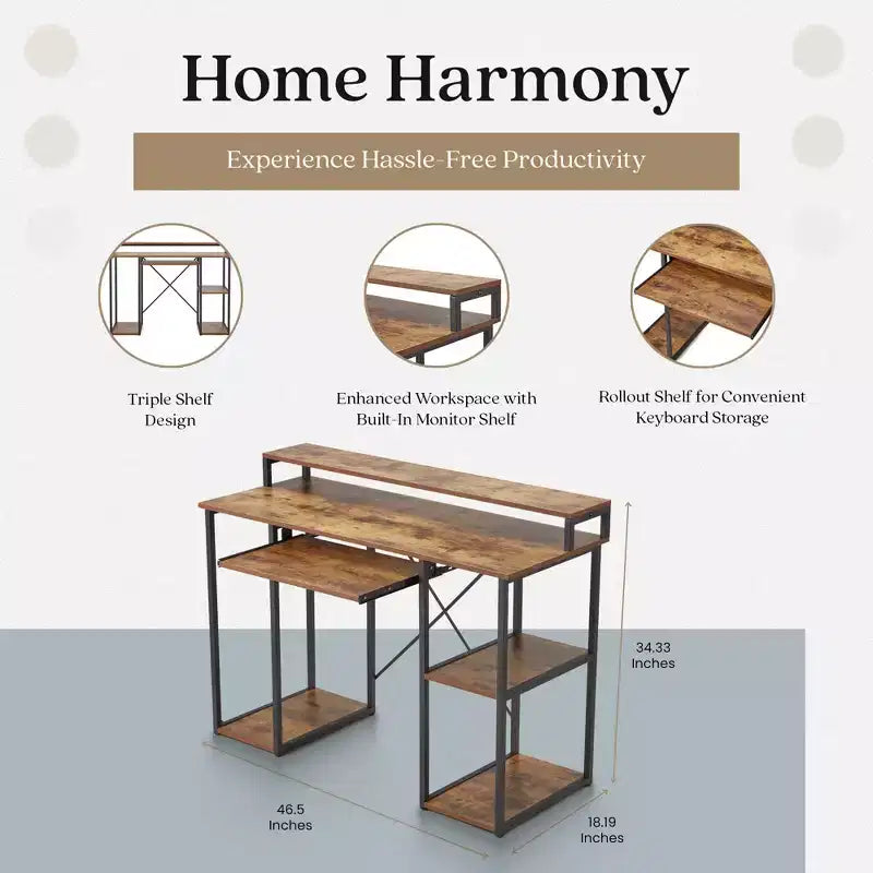 JOMEED Bureau informatique moderne de 118 cm avec support d'écran et étagères de rangement pour bureaux à domicile, chambres ou dortoirs d'étudiants, marron/noir