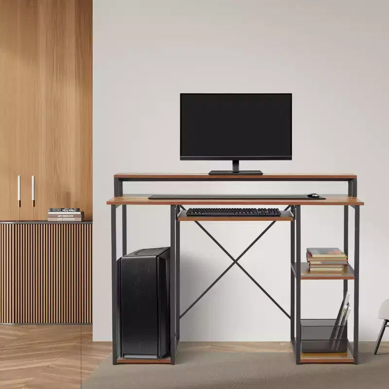 JOMEED Bureau informatique moderne de 118 cm avec support d'écran et étagères de rangement pour bureaux à domicile, chambres ou dortoirs d'étudiants, marron/noir