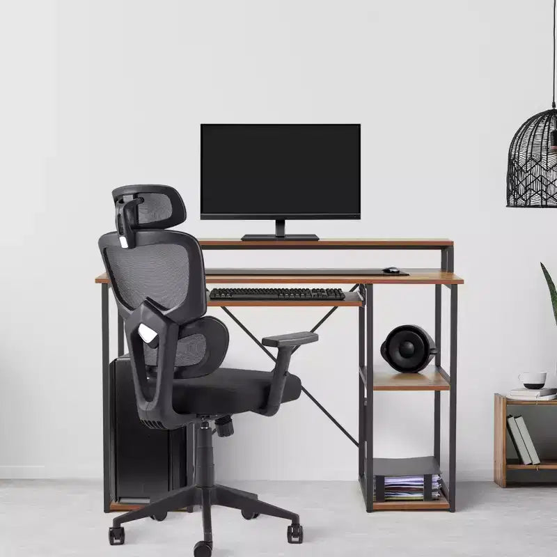 JOMEED Bureau informatique moderne de 118 cm avec support d'écran et étagères de rangement pour bureaux à domicile, chambres ou dortoirs d'étudiants, marron/noir
