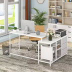 Bureau d'ordinateur Costway en forme de L avec prise de courant, tiroirs, étagères en treillis métallique Marron rustique/Noir/Blanc