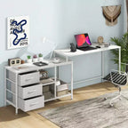 Bureau d'ordinateur Costway en forme de L avec prise de courant, tiroirs, étagères en treillis métallique Marron rustique/Noir/Blanc