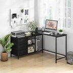 Bureau d'ordinateur Costway en forme de L avec prise de courant, tiroirs, étagères en treillis métallique Marron rustique/Noir/Blanc