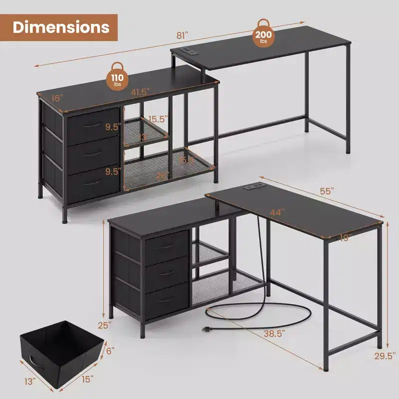 Bureau d'ordinateur Costway en forme de L avec prise de courant, tiroirs, étagères en treillis métallique Marron rustique/Noir/Blanc