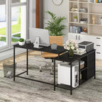 Bureau d'ordinateur Costway en forme de L avec prise de courant, tiroirs, étagères en treillis métallique Marron rustique/Noir/Blanc