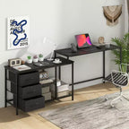 Bureau d'ordinateur Costway en forme de L avec prise de courant, tiroirs, étagères en treillis métallique Marron rustique/Noir/Blanc