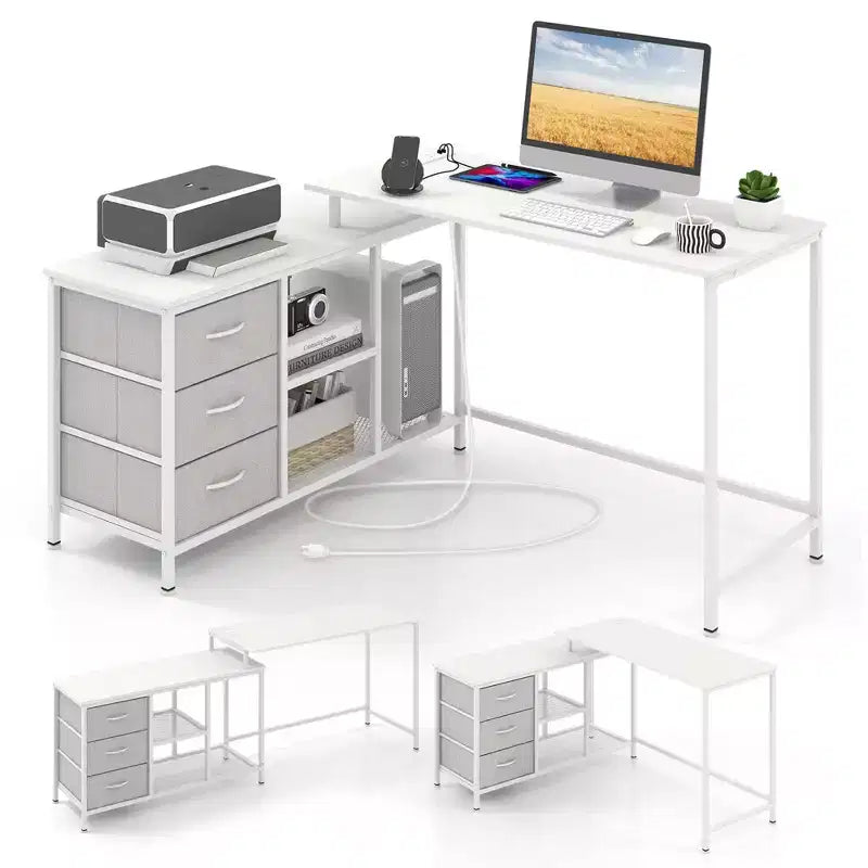 Bureau d'ordinateur Costway en forme de L avec prise de courant, tiroirs, étagères en treillis métallique Marron rustique/Noir/Blanc