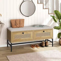 Garvee Rattan Shoe Bench Entryway Bench with Storage Drawer, Wooden Storage Bench with Linen Seat Cushion, for Hallway and Bedroom, Natural Oak