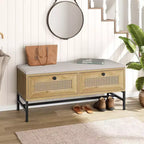 Garvee Rattan Shoe Bench Entryway Bench with Storage Drawer, Wooden Storage Bench with Linen Seat Cushion, for Hallway and Bedroom, Natural Oak