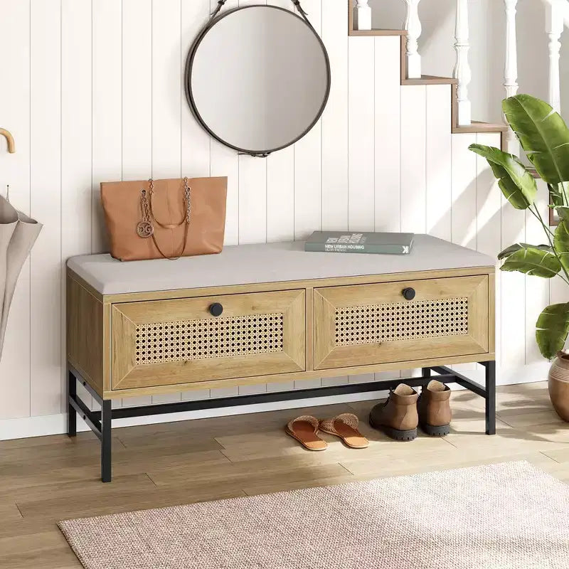 Garvee Rattan Shoe Bench Entryway Bench with Storage Drawer, Wooden Storage Bench with Linen Seat Cushion, for Hallway and Bedroom, Natural Oak