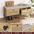 Banc à chaussures en rotin Garvee, banc d'entrée avec tiroir de rangement, banc de rangement en bois avec coussin d'assise en lin, pour couloir et chambre à coucher, chêne naturel