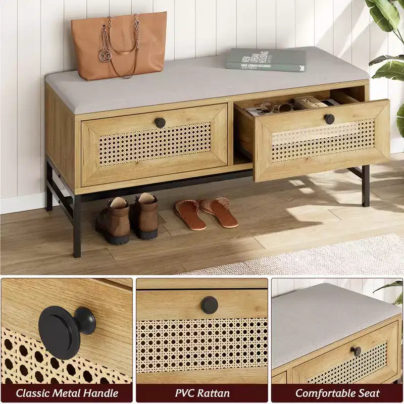 Banc à chaussures en rotin Garvee, banc d'entrée avec tiroir de rangement, banc de rangement en bois avec coussin d'assise en lin, pour couloir et chambre à coucher, chêne naturel