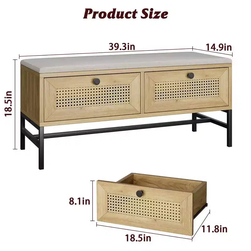 Banc à chaussures en rotin Garvee, banc d'entrée avec tiroir de rangement, banc de rangement en bois avec coussin d'assise en lin, pour couloir et chambre à coucher, chêne naturel