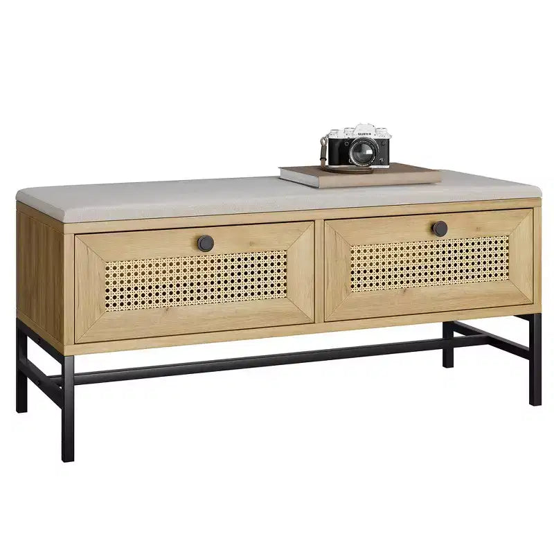 Banc à chaussures en rotin Garvee, banc d'entrée avec tiroir de rangement, banc de rangement en bois avec coussin d'assise en lin, pour couloir et chambre à coucher, chêne naturel