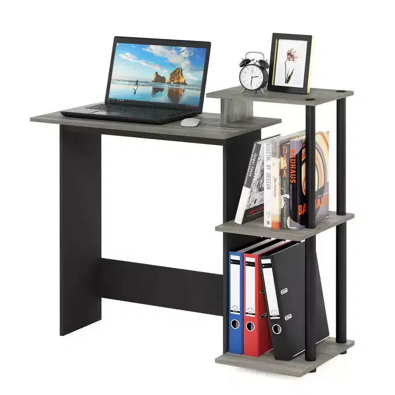 Furinno Bureau d'ordinateur moderne pour bureau à domicile, table d'étude pour ordinateur portable avec support de tour PC et étagère de rangement ouverte, chêne gris/noir