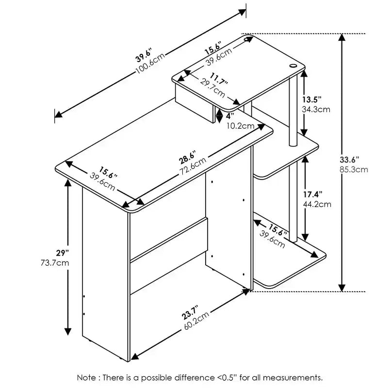 Furinno Bureau d'ordinateur moderne pour bureau à domicile, table d'étude pour ordinateur portable avec support de tour PC et étagère de rangement ouverte, chêne gris/noir