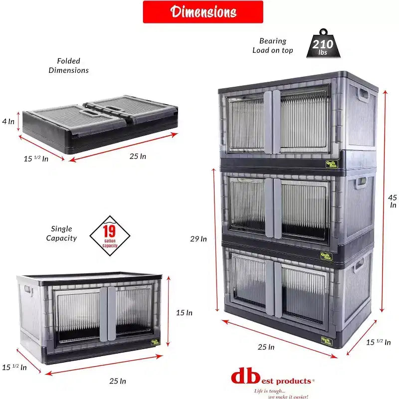 dbest products Boîtes de rangement empilables Quik Box avec portes, Organiseur pliable et Conteneur repliable - 72 L