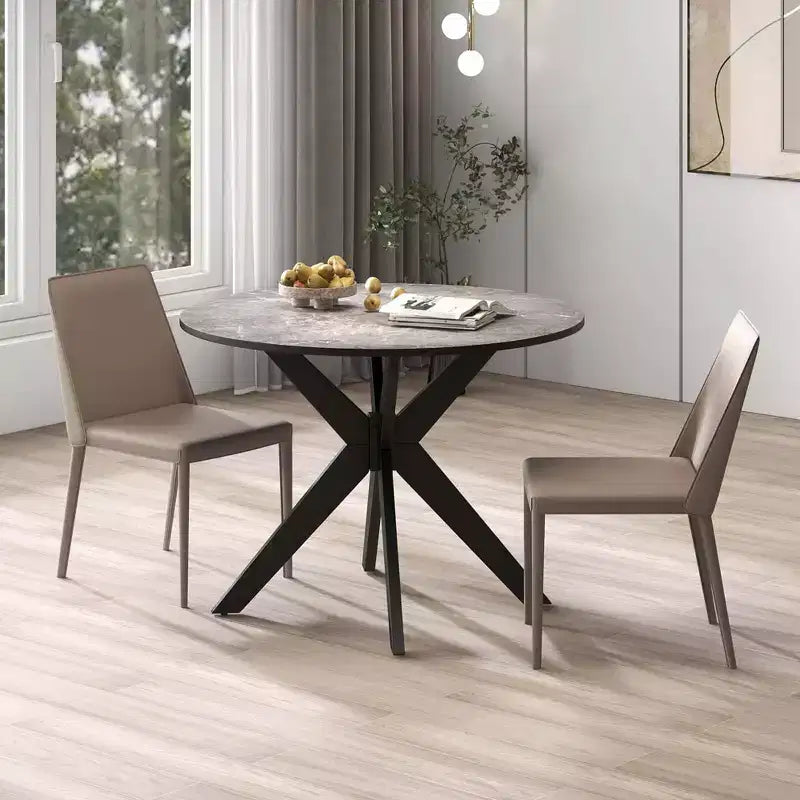 Table à manger ronde Costway 36" avec plateau en faux marbre et pieds en bois de caoutchouc, cuisine blanc/noir