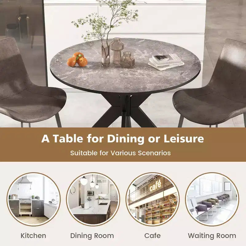 Table à manger ronde Costway 36" avec plateau en faux marbre et pieds en bois de caoutchouc, cuisine blanc/noir