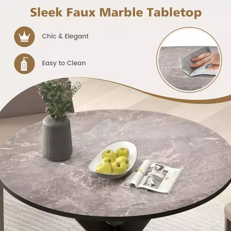 Table à manger ronde Costway 36" avec plateau en faux marbre et pieds en bois de caoutchouc, cuisine blanc/noir