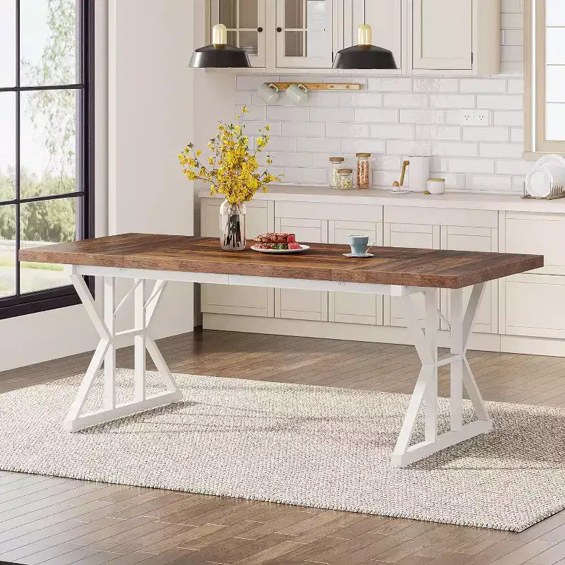 Lantine 70.8-inch Farmhouse Dining Table for 6 People, Rectangular Wood Kitchen Table with Heavy Duty Metal Legs for Dining Room