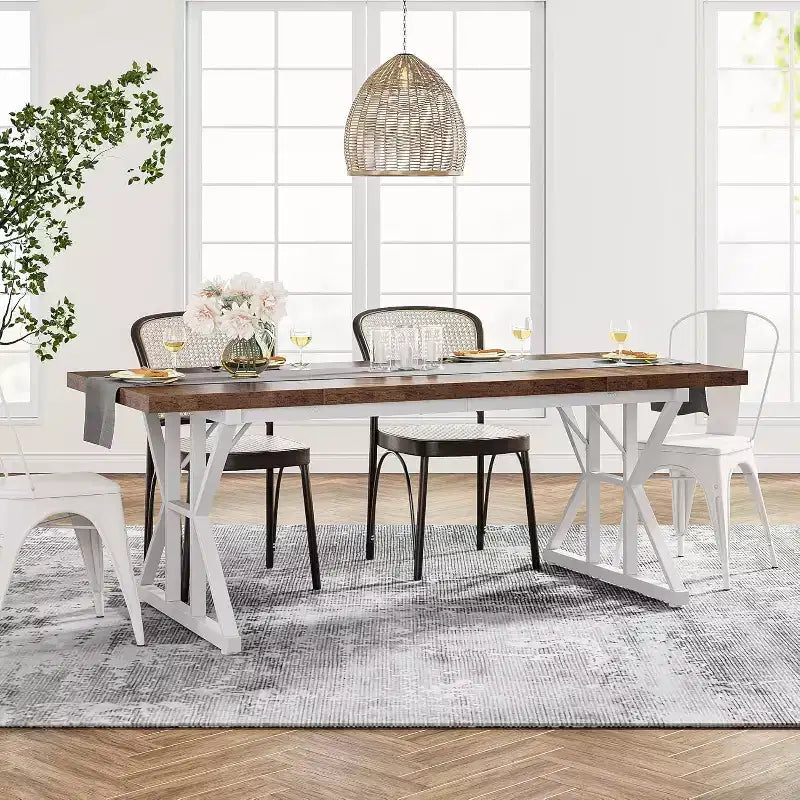 Lantine 70.8-inch Farmhouse Dining Table for 6 People, Rectangular Wood Kitchen Table with Heavy Duty Metal Legs for Dining Room