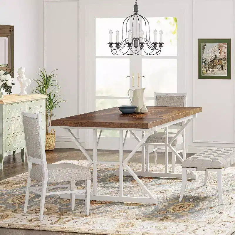 Lantine 70.8-inch Farmhouse Dining Table for 6 People, Rectangular Wood Kitchen Table with Heavy Duty Metal Legs for Dining Room
