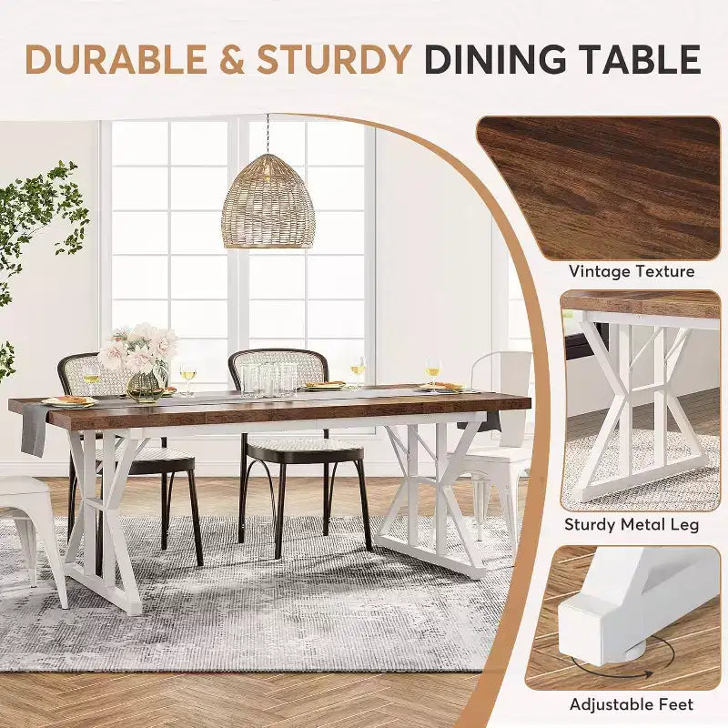 Lantine 70.8-inch Farmhouse Dining Table for 6 People, Rectangular Wood Kitchen Table with Heavy Duty Metal Legs for Dining Room