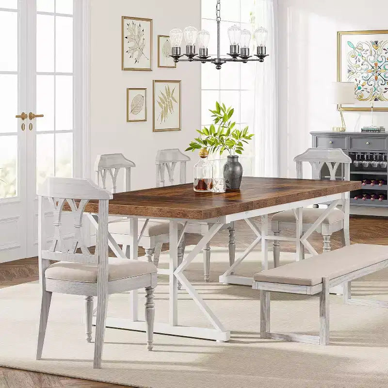 Lantine 70.8-inch Farmhouse Dining Table for 6 People, Rectangular Wood Kitchen Table with Heavy Duty Metal Legs for Dining Room