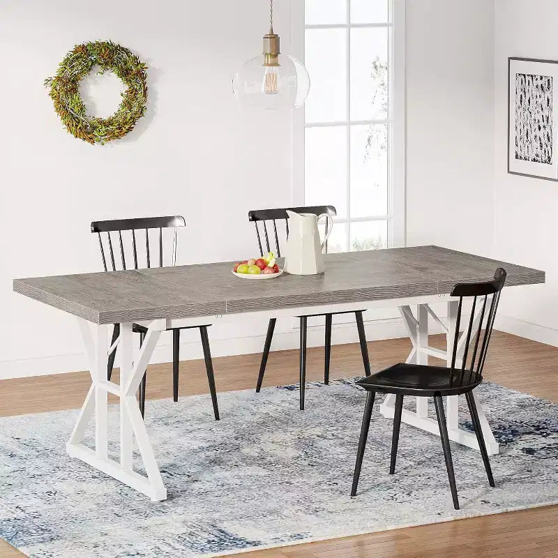 Lantine 70.8-inch Farmhouse Dining Table for 6 People, Rectangular Wood Kitchen Table with Heavy Duty Metal Legs for Dining Room