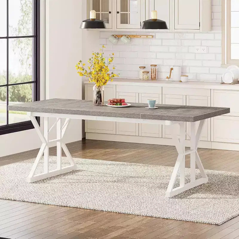 Lantine 70.8-inch Farmhouse Dining Table for 6 People, Rectangular Wood Kitchen Table with Heavy Duty Metal Legs for Dining Room