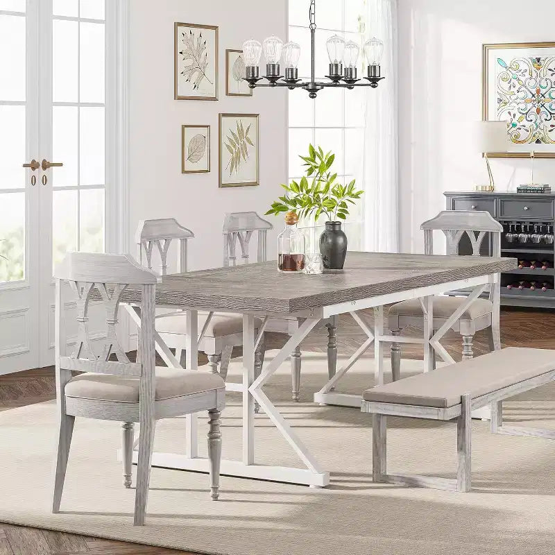 Lantine 70.8-inch Farmhouse Dining Table for 6 People, Rectangular Wood Kitchen Table with Heavy Duty Metal Legs for Dining Room