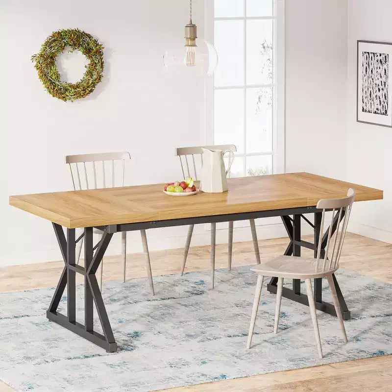 Lantine 70.8-inch Farmhouse Dining Table for 6 People, Rectangular Wood Kitchen Table with Heavy Duty Metal Legs for Dining Room