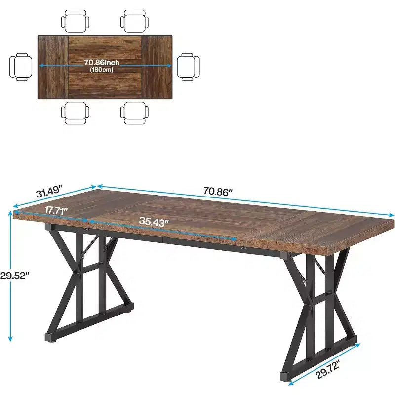 Lantine 70.8-inch Farmhouse Dining Table for 6 People, Rectangular Wood Kitchen Table with Heavy Duty Metal Legs for Dining Room