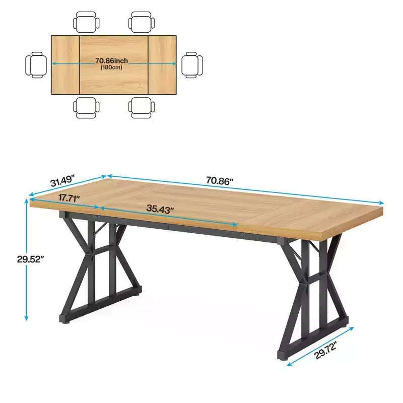 Lantine 70.8-inch Farmhouse Dining Table for 6 People, Rectangular Wood Kitchen Table with Heavy Duty Metal Legs for Dining Room
