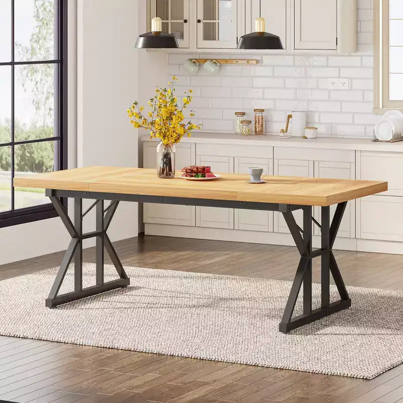 Lantine 70.8-inch Farmhouse Dining Table for 6 People, Rectangular Wood Kitchen Table with Heavy Duty Metal Legs for Dining Room