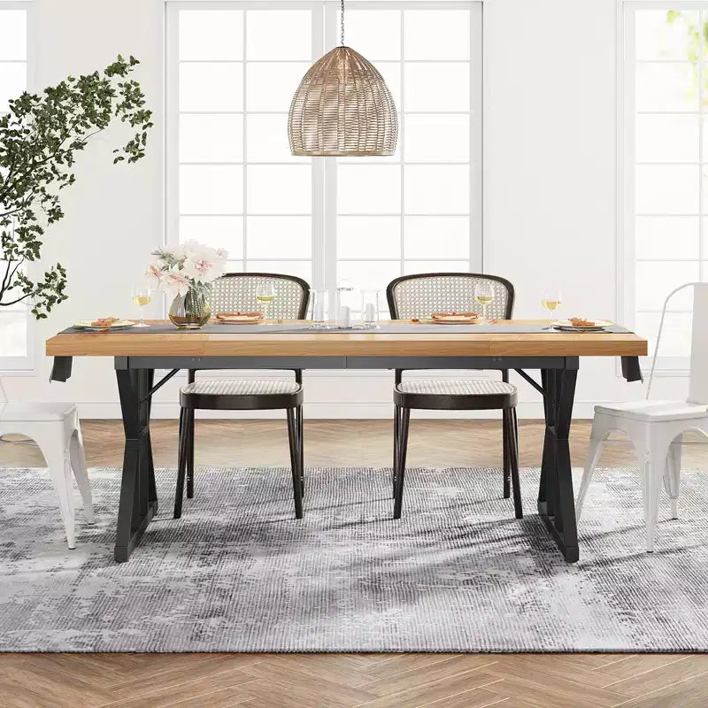Lantine 70.8-inch Farmhouse Dining Table for 6 People, Rectangular Wood Kitchen Table with Heavy Duty Metal Legs for Dining Room