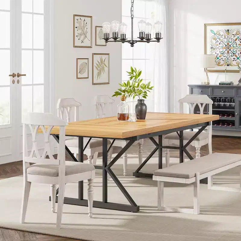 Lantine 70.8-inch Farmhouse Dining Table for 6 People, Rectangular Wood Kitchen Table with Heavy Duty Metal Legs for Dining Room