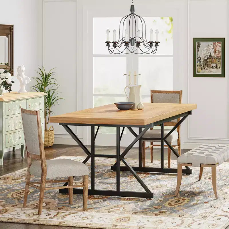 Lantine 70.8-inch Farmhouse Dining Table for 6 People, Rectangular Wood Kitchen Table with Heavy Duty Metal Legs for Dining Room