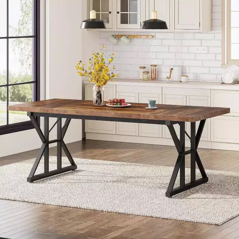 Lantine 70.8-inch Farmhouse Dining Table for 6 People, Rectangular Wood Kitchen Table with Heavy Duty Metal Legs for Dining Room